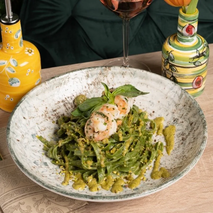 Pasta con crema al pistacchio e Gamberi